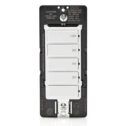Leviton Countdown Switch for lights, attic, heaters, pool pumps, 2-4-8-12 hour, Neutral Wire Required, 20A, 1 HP/16A Fan/Motor, Single Pole, Multi-Way or Multi-Timer, DT212-1LW, White