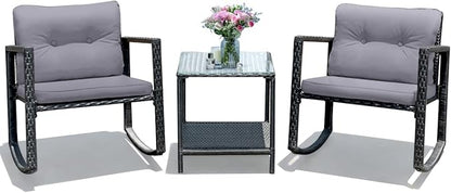 COSTWAY 3 Pieces Patio Rattan Rocking Chair Set, Outdoor Conversation Furniture Sets with Coffee Table, Storage Shelf and Cushions, Modern Bistro Set for Porch, Backyard, Garden, Gray