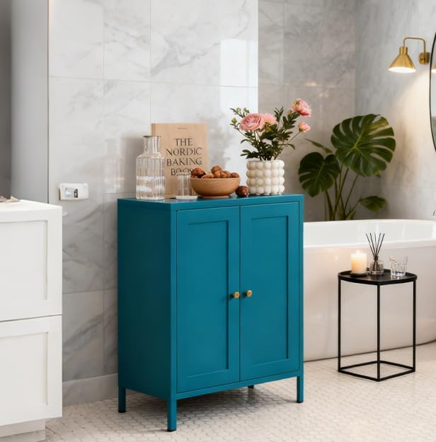 Coffee Bar Cabinet, Metal Sideboard Buffet Cabinet,Metal Storage Cabinet with 2 Doors and Adjustable Shelves for Kitche, Living Room, Entryway, Bathroom,Office (Blue, 31.5" H)
