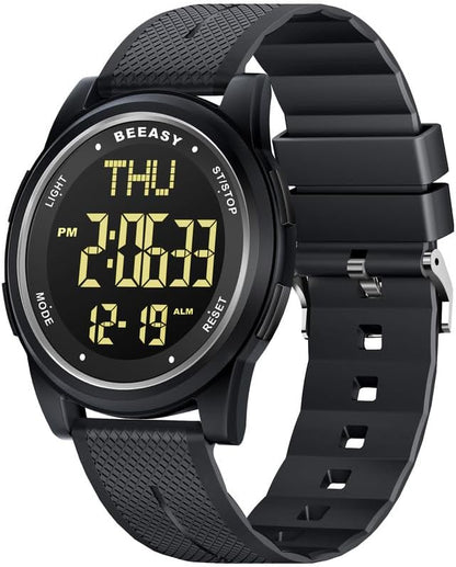 Beeasy Digital Watch for Men Women, 50M Waterproof, Ultra-Thin & Lightweight, 44mm Silicone Sports Watch with Alarm, Stopwatch, Countdown, Ideal for Gym, Running, School, Daily Wear
