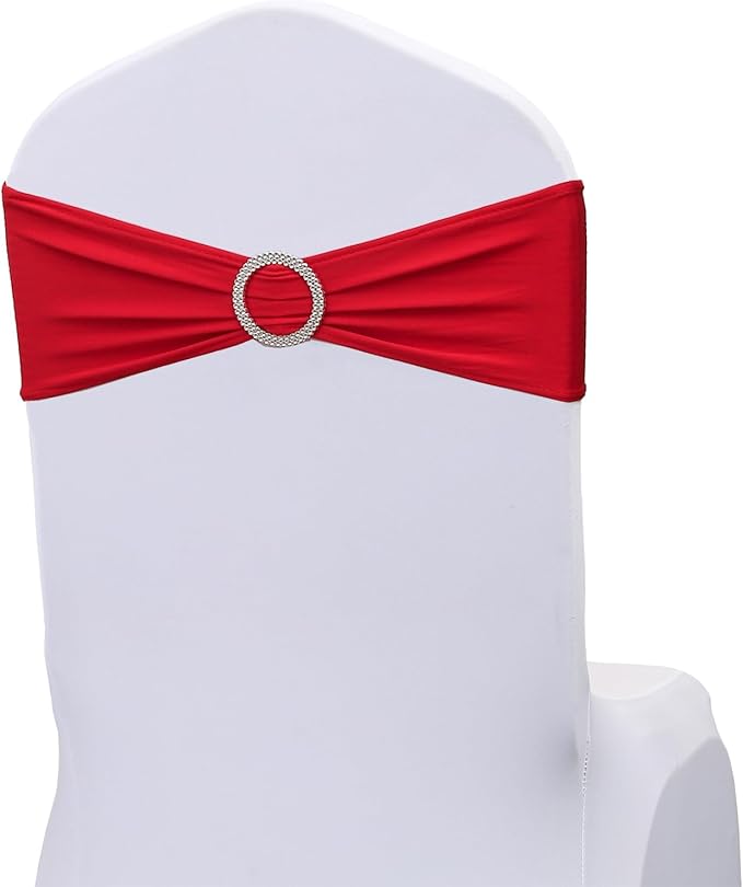 Spandex Red Chair Sashes Bows 50 Pack Stretch Chair Bands with Buckles Universal Elastic Chairs Ties for Wedding Party Birthday Christmas Banquet Anniversary Bridal Shower Events Decoration
