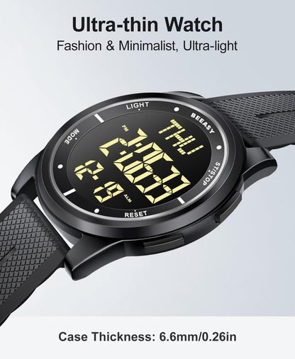 Beeasy Digital Watch for Men Women, 50M Waterproof, Ultra-Thin & Lightweight, 44mm Silicone Sports Watch with Alarm, Stopwatch, Countdown, Ideal for Gym, Running, School, Daily Wear