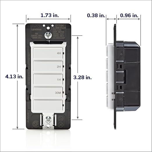 Leviton Countdown Timer Switch for household lights, heaters and exhaust fans, 30 min, 1-2-4 hour, No Neutral Wire Required, Single Pole, 15A, 1/2 HP/9.8A Fan/Motor, DT104-1LW, White
