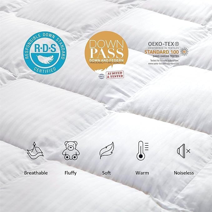 Luxurious All-Season Goose Down Feather Fiber Comforter Duvet Insert, Exquisite Palatial King White Stripe Design, 120" x 98 ", Premium Baffle Box, 100% Cotton Down Proof Fabric, 75 oz. Fill Weight