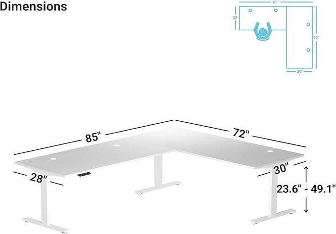 Progressive Desk Stand Up Height Adjustable Standing Desk - L Shaped 85" x 72" Corner Computer Rising Workstation Electric Table - White Frame, Gray Oak Top