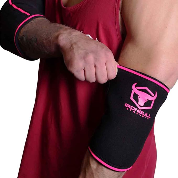 Elbow Sleeves 5mm (1 Pair) - High Performance Elbow Sleeve Support for Weightlifting, Weight Training & Powerlifting - Best Compression Straps - for Men and Women (Large, Black/Pink)