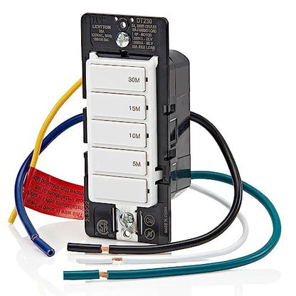 Leviton Countdown Switch for bathroom household lights, 5-10-15-30 min, Neutral Wire Required, 20A, 1HP/16A Fan/Motor, Single Pole, Multi-Way or Multi-Timer, DT230-1LW, White