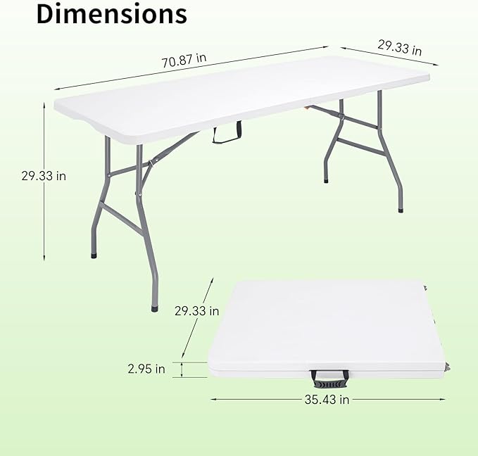 6 FT Folding Table for Indoor Outdoor, Portable Heavy Duty Folding Camping Tables for Eating, Fold-in-Half Plastic Dining Picnic Party Utility Card Table with Carrying Handle, 71x29 inch