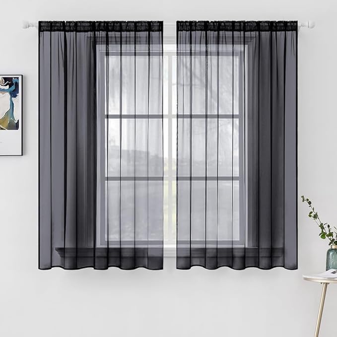MIULEE 2 Panels Solid Color Sheer Window Curtains Elegant Halloween Window Voile Panels/Drapes/Treatment for Bedroom Living Room (54X63 Inches Black)