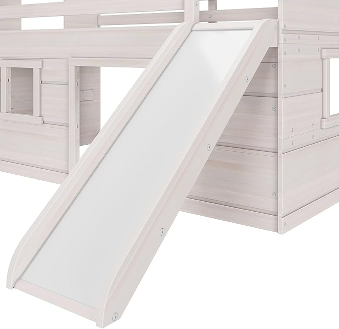 Max & Lily Loft Bed Twin Size, Solid Wood Low Loft Bed with Slide and Ladder, Modern Farmhouse Loft Bed for Kids, White Wash
