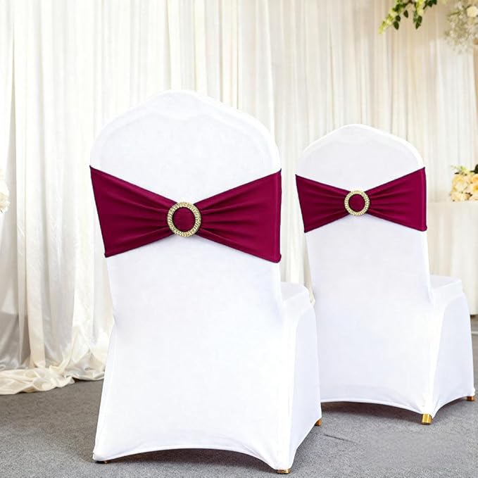 Burgundy Chair Sashes 50 Pack with Gold Buckle Slider, Spandex Wine Red Chair Bands Bows for Folding Chairs Wedding Party Banquet Décor