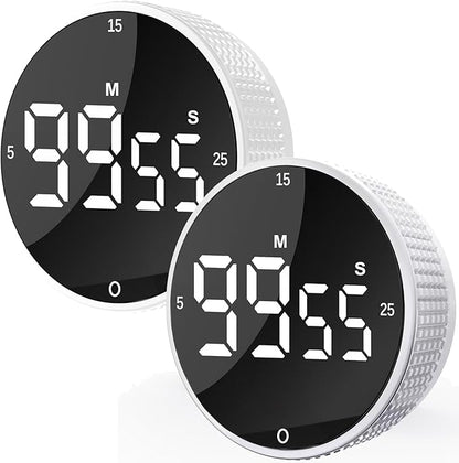 Upgrade Digital Kitchen Timer - 2 Pack Magnetic Countdown Countup Visual Pomodoro Timer with Large LED Display, 3-Preset Times, 3 Volume Levels, Ideal for Cooking, Baking and Fitness (2, White)