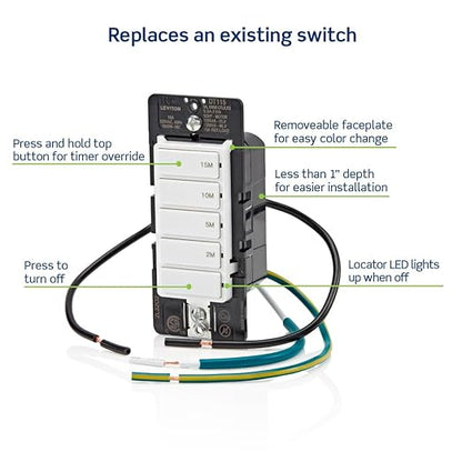 Leviton Countdown Timer Switch for bathroom fan and household lights, 2-5-10-15 min, No Neutral Required, Single Pole, 15A, 1/2 HP/9.8A Fan/Motor, DT115-1LW, White