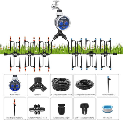 Micro Drip Irrigation Kit Automatic Garden Watering Misting System with 8/12 inch 4/7 inch Irrigation Tubing Hose and Water Timer for Greenhouse, Yard, Lawn