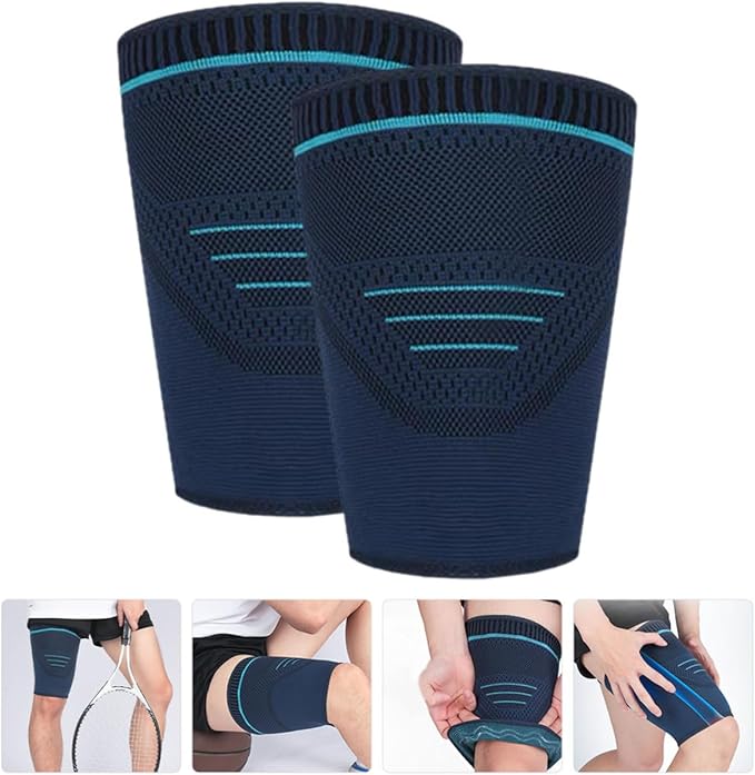 2pcs Men’s Sports Compression Leg Sleeves Dark Blue Knitted Thigh Wrap Elastic Support for Running Basketball and Cycling