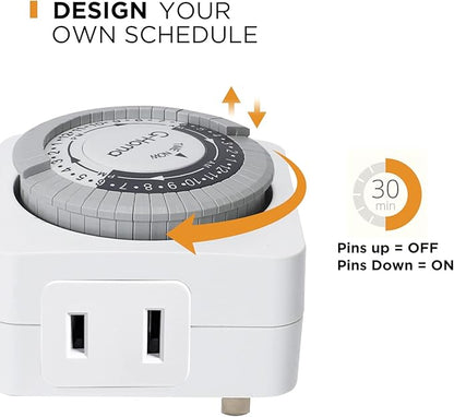 G-Homa Timers for Electrical Outlets,24 Hour Indoor Plug-in Mechanical Timer,30 Minute Intervals, Daily On/Off Cycle,1 Polarized Outlet, for Grow Light,Christmas Lights, Lamps (ETL Listed) 2 Pack