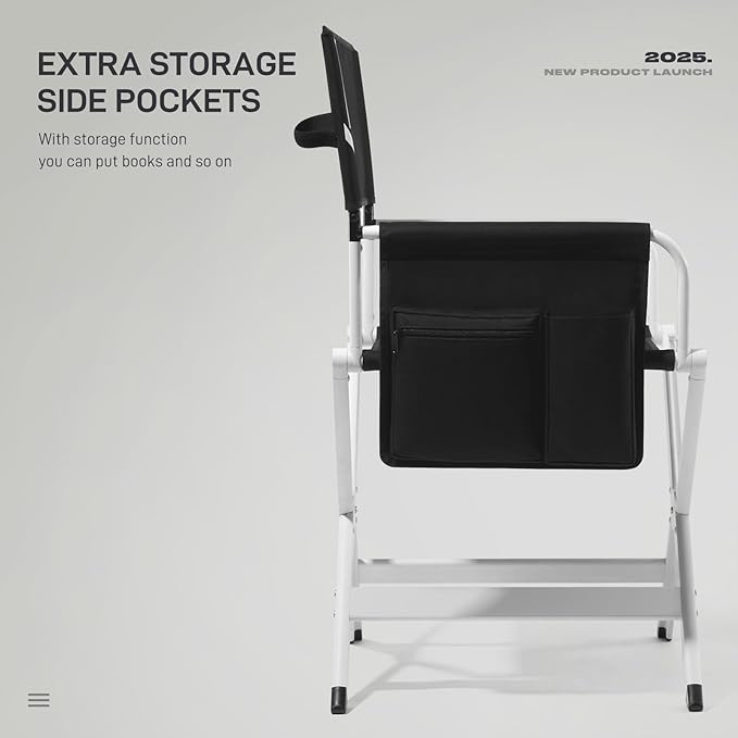 EVER ADVANCED Aluminum Directors Chair, Folding Studio Movie Chairs Camping Event Vendor Chair, 19" Seat Height Black Fabric/White Frame, Support 350lbs