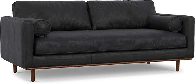 SIMPLIHOME Morrison 89-inch Wide Sofa in Lead Black Genuine Leather, Mid-Century Modern Design Couch for Living Room, Single Bench Cushion, 2 Back Cushions, 2 Bolster Pillows