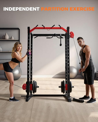 Power Cage, Power Rack with Cable Crossover System, 2000LBS Squat Rack with LAT Pull Down System, Workout Cage with Pulley System for Fitness Home Gym Strength Training (Red&Black)