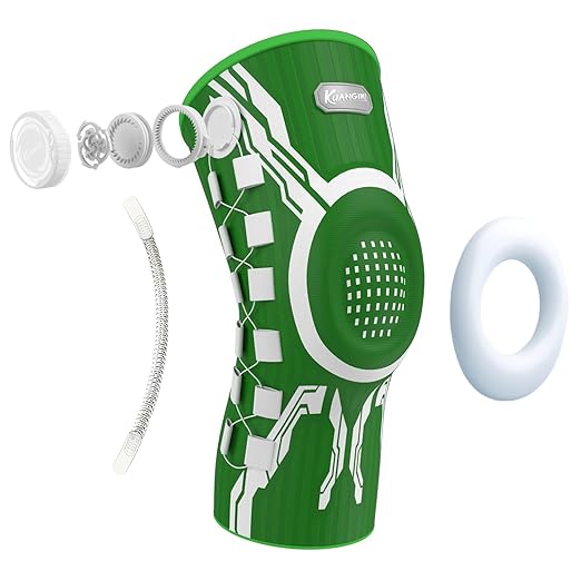 Kuangmi Knob Knee Brace for Pain Relief, Knee Support with Patella Gel Pad & Side Stabilizers, Compression Knee Sleeve for Workout, Arthritis, Joint Pain, Meniscus Tear (Green White,Right,Medium,Single)