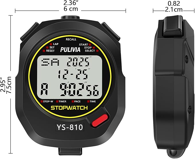 Stopwatch Timer 10 Splits/Laps Digital Stop Watch for Sports, Countdown Alarm Clock Date Memory Recall Large Display, Stopwatch for Coaches PE-Teacher Referee (Black, 10 Splits/laps)
