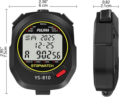 Stopwatch Timer 10 Splits/Laps Digital Stop Watch for Sports, Countdown Alarm Clock Date Memory Recall Large Display, Stopwatch for Coaches PE-Teacher Referee (Black, 10 Splits/laps)