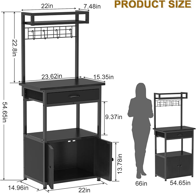 5-Tier Coffee Bar Cabinet & Microwave Stand with Storage, 2 Doors, 4 S-Hooks Kitchen Appliance Bakers Rack for Spices, Pots,Coffee Station for Small Spaces,Living Room,Entryway,Black