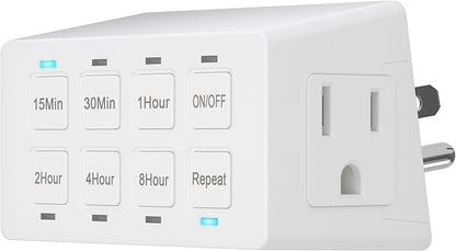 TG 8-Hour Indoor Countdown Plug-in Timer, Timer for Electrical Outlets, 15-30 Min 1-2-4-8 Hour, UL Listed, for Fans or Lights, 1/4 HP, White