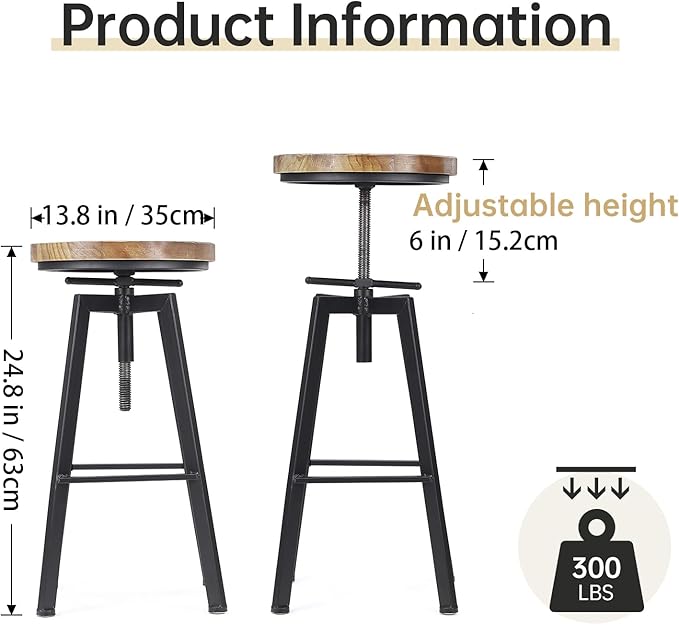 Vintage Adjustable Bar Stools Set of 2, Height Ranges from 24.8 to 30.8 inch, Natural Wood Seat and Heavy Metal Frame Rustic Industrial Swivel Bar Stools