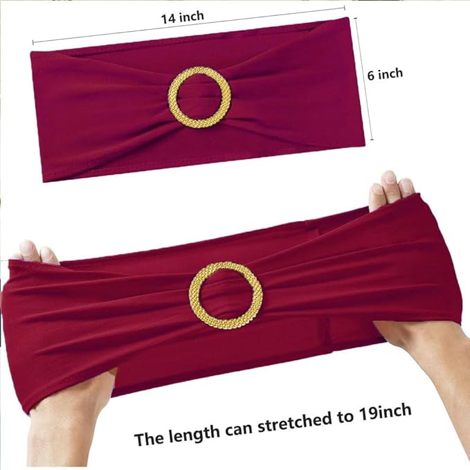 Burgundy Chair Sashes 50 Pack with Gold Buckle Slider, Spandex Wine Red Chair Bands Bows for Folding Chairs Wedding Party Banquet Décor