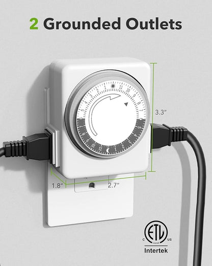 HBN Outlet Timer for Electrical Outlets Indoor, 24 Hour Mechanical Light Timers for Lamps, Dual 2-Prong Plug-in Outlets, 15-Minute Intervals, Heavy Duty Daily Cycle, 1 Pack
