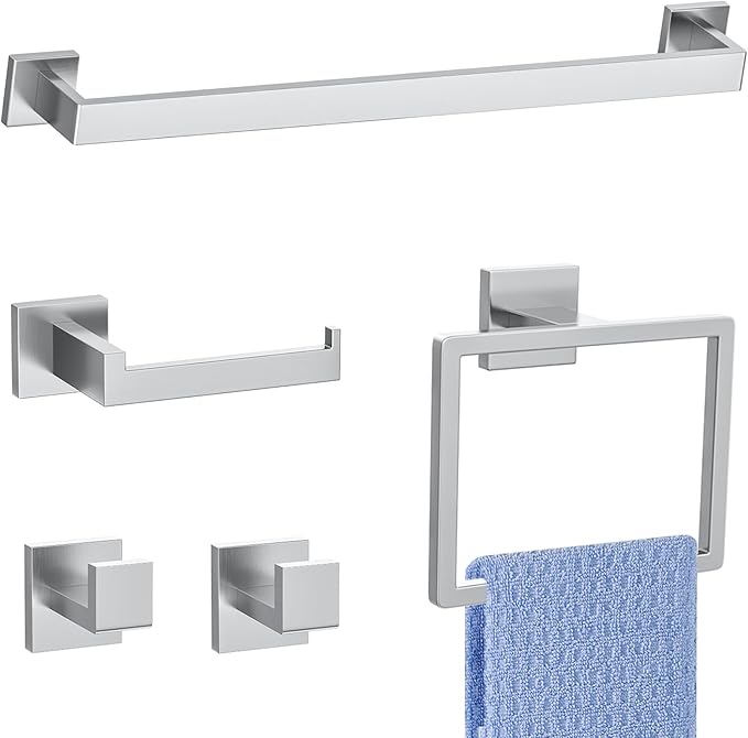 5 Pieces Brushed Nickel Towel Bar Set Bathroom Hardware Accessories Set Include 23.6 Inch Towel Bar Toilet Paper Holder Towel Ring Coat Hooks SUS304 Stainless Steel Wall Mounted Towel Holder Set