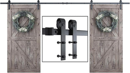 SMARTSTANDARD 13 FT Double Barn Door Hardware Kit, Sliding Door Track-Smoothly and Quietly -Includes Detailed Installation Fit 36"-40" Wide Door Panel(J Shape Hanger) Black