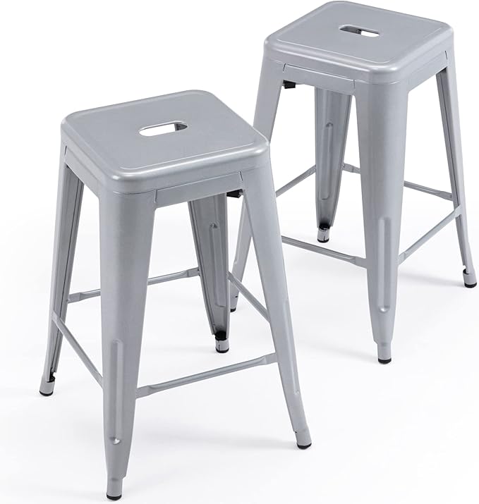 Vogue Furniture Direct 24" High Bar Stools Backless Silver Metal Barstools Indoor-Outdoor Barstools Counter Height Stools with Square Seat, Set of 2 - VF1571021