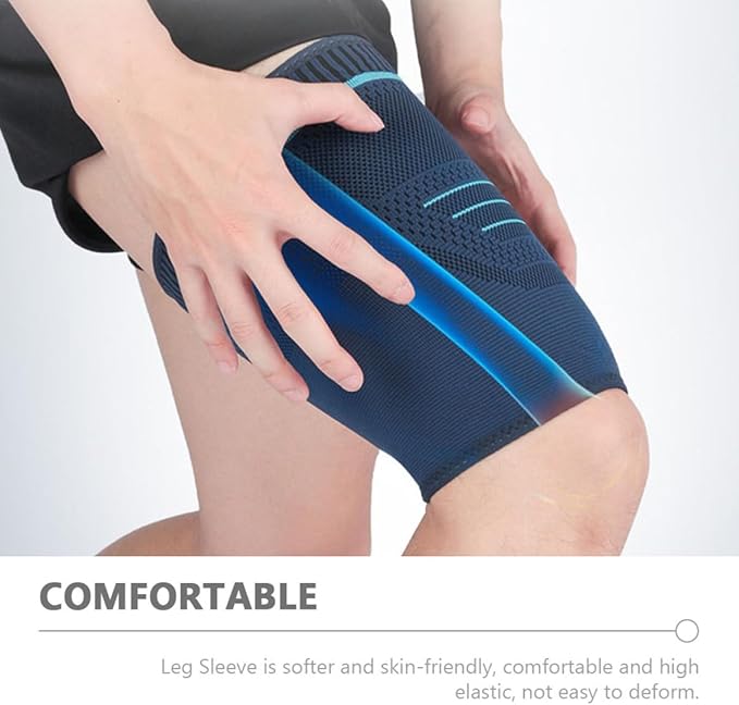 2pcs Men’s Sports Compression Leg Sleeves Dark Blue Knitted Thigh Wrap Elastic Support for Running Basketball and Cycling