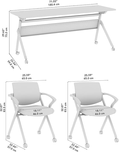 Bush Business Furniture Folding Training Table Set for 2, 72 inch Desk with Powered Grommets and 2 Chairs with Arms, Commercial-Grade Bundle for Office or Classroom, Envision Collection, White