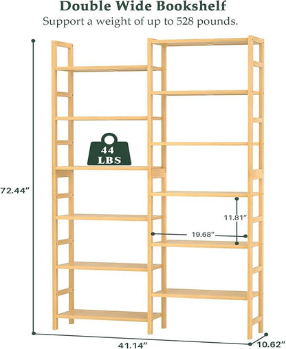 Homykic Double Wide Bamboo Bookshelf, 6-Tier Large Open Bookcase with 12 Display Shelves, 6ft Tall Freestanding Book Shelf for Home Office, Bedroom, Living Room, Plants, Natural