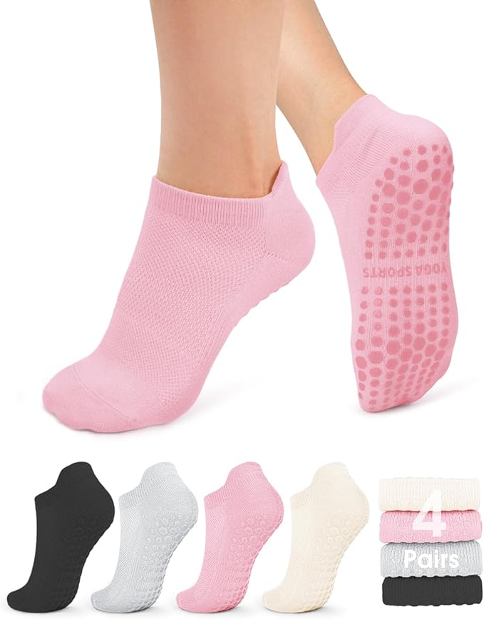 yeuG Pilates Socks for Women Non Slip Grip Socks for Yoga, Barre, Hospital, Barefoot Grippy Yoga Sock Womens Gifts 4 Pairs