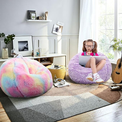 Fluffy Bean Bag Chair, 3FT Round Memory Foam Filled Bean Bag for Teens & Kids, Ultra Soft Faux Fur Fabric Bean Bag Chairs for Playroom, Living Room, Bedroom, Lavender
