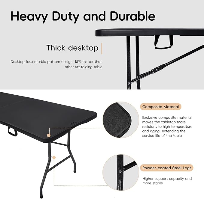 Folding Table 6FT HDPE 6 Foot Foldable Table Portable Banquet Surface Fold-in-Half Desk Utility for Working Meeting Parties, Picnic, Camping, Weddings, Catering, Garden Dining-Black
