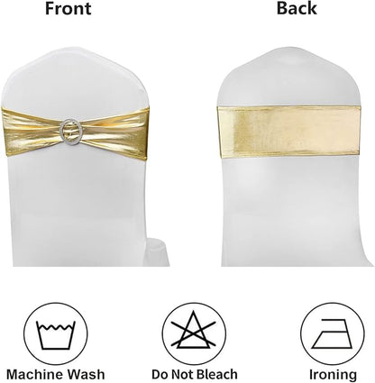 Spandex Gold Chair Sashes Bows 50 Pack Stretch Chair Bands with Buckles Elastic Slider Chairs Ties for Wedding Decorations Party Reception Events Banquet Decor - Metal Gold