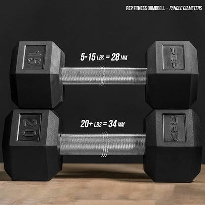 REP FITNESS Dumbbell Set with Bench – 5-50, 5-75 or 5-100 Rubber Hex Dumbbell Set with Either Flat or Adjustable Bench