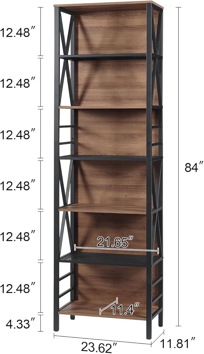 HOMISSUE Tall Bookshelf, 7-Tier Book Shelf, Rustic Wood Metal Bookshelves and Bookcases, Freestanding and Industrial Open Bookcase for Home Office, Living Room and Bedroom, Vintage Brown
