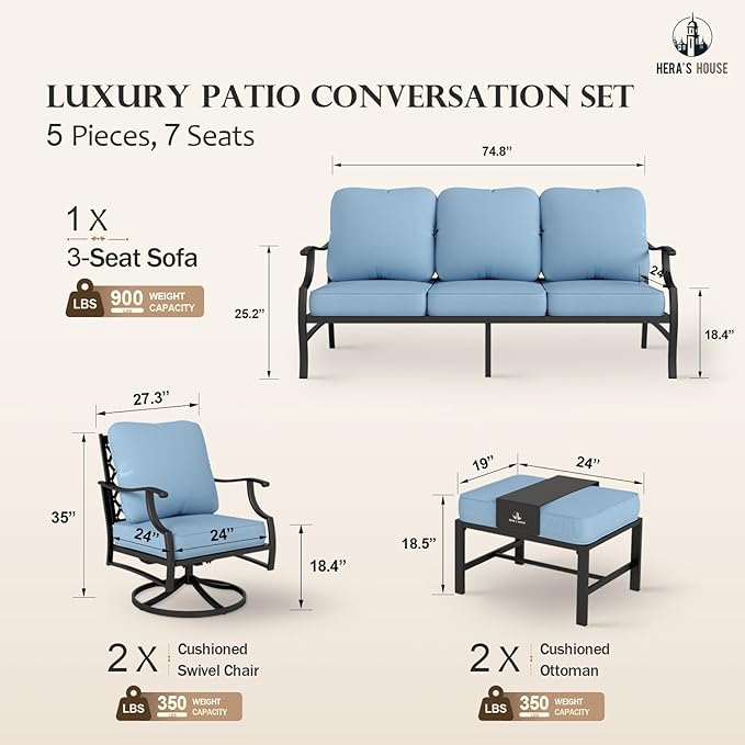 HERA'S HOUSE 5 Piece Patio Furniture Set, 2 x Swivel Chair, 2 x Ottoman, 1 x 3-Seat Sofa, All Cushioned 7 Seats Outdoor Conversation Set for Lawn Garden Backyard, Blue