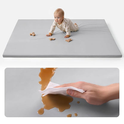Blissful Diary Vegan Leather Baby Play Mat, 71x59 Thicken Foam Cushioned & Waterproof Playpen Mat for Infants and Toddlers, Stylish and Just Wipe-Clean Playmat for Baby Play on Floor, Light Gray