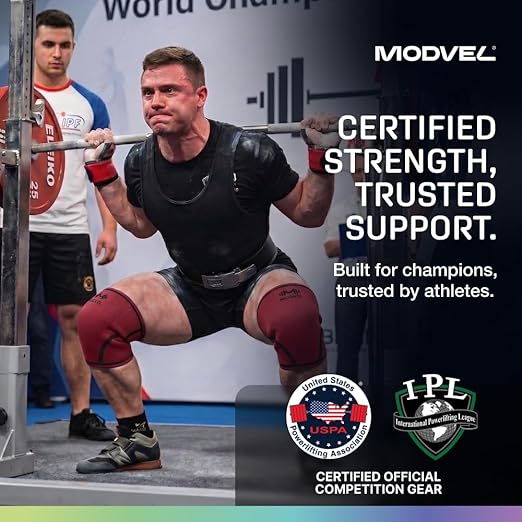 Modvel 7mm Neoprene Knee Sleeves for Men & Women Weightlifting & Powerlifting – Compression Knee Sleeve Support for Squats, Gym, Training – USPA, IPL Approved – XX-Large Red (Pair)