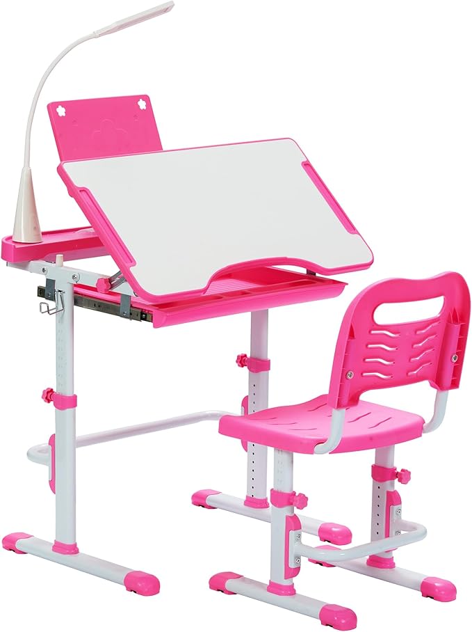 Real Relax Kids Desk and Chair Set, Children's Multifunctional School Tables with Tilt Desktop, LED Light, Metal Hook Pink