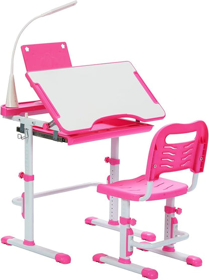 Real Relax Kids Desk and Chair Set, Children's Multifunctional School Tables with Tilt Desktop, LED Light, Metal Hook Pink