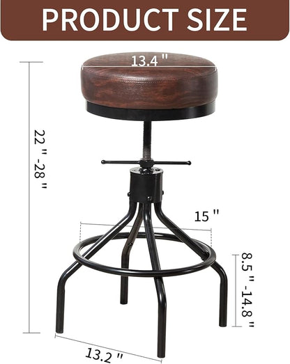 Industrial Barstools Set of 2 Adjustable Swivel Round Bar Stools Modern PU Leather 28inch Backless Counter Height Stool Metal Bar Chair for Kitchen Island (2, Walnut)