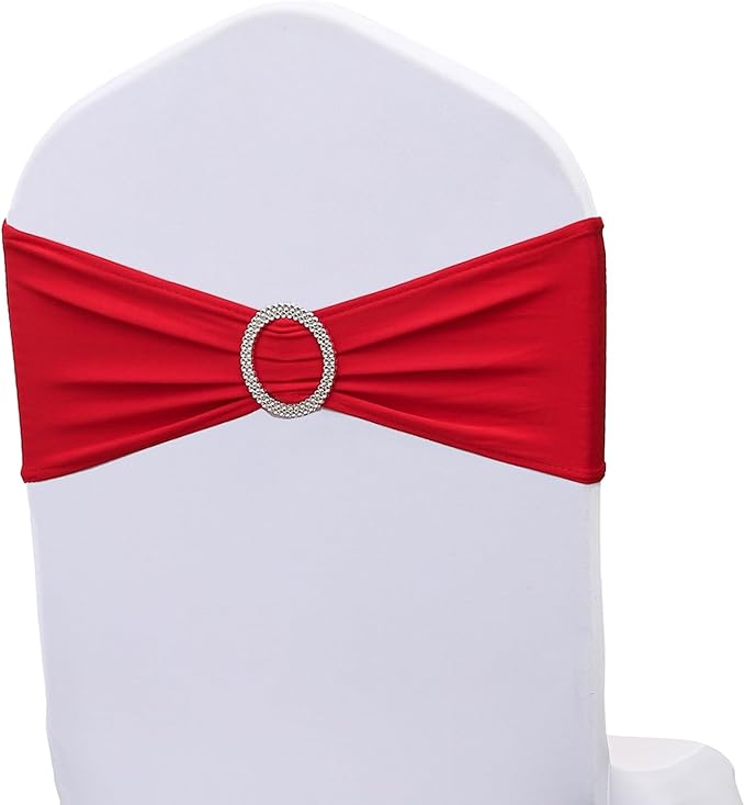 Spandex Red Chair Sashes Bows 50 Pack Stretch Chair Bands with Buckles Universal Elastic Chairs Ties for Wedding Party Birthday Christmas Banquet Anniversary Bridal Shower Events Decoration